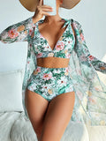 Women's printed bikini swimsuit three-piece set showing bra, shorts, and long-sleeve sunscreen shirt.