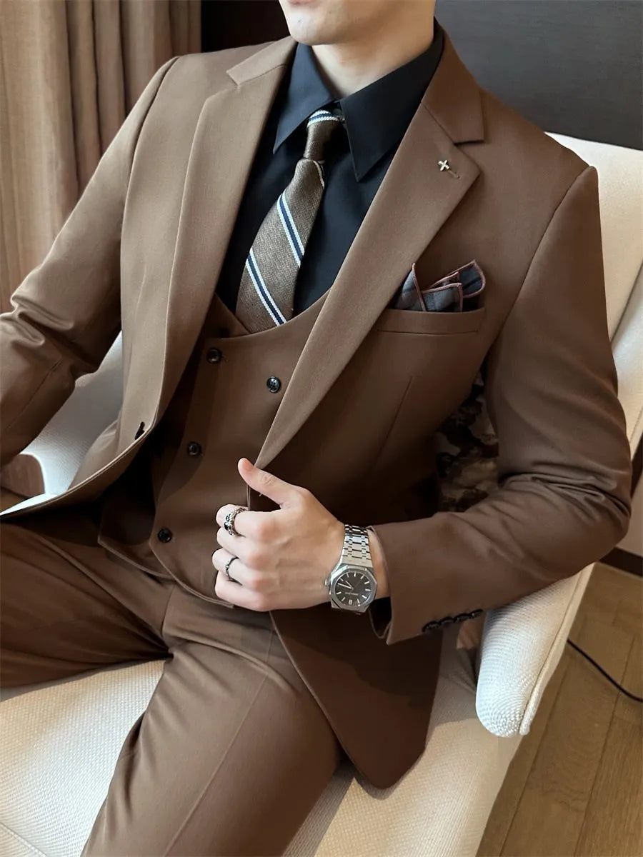 Men's slim fit business formal jacket in chemical fibre blended fabric available in dark green, brown, and camel colours