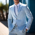 Blue and white button double-button men's suit jacket with straight hem and British-style tailoring