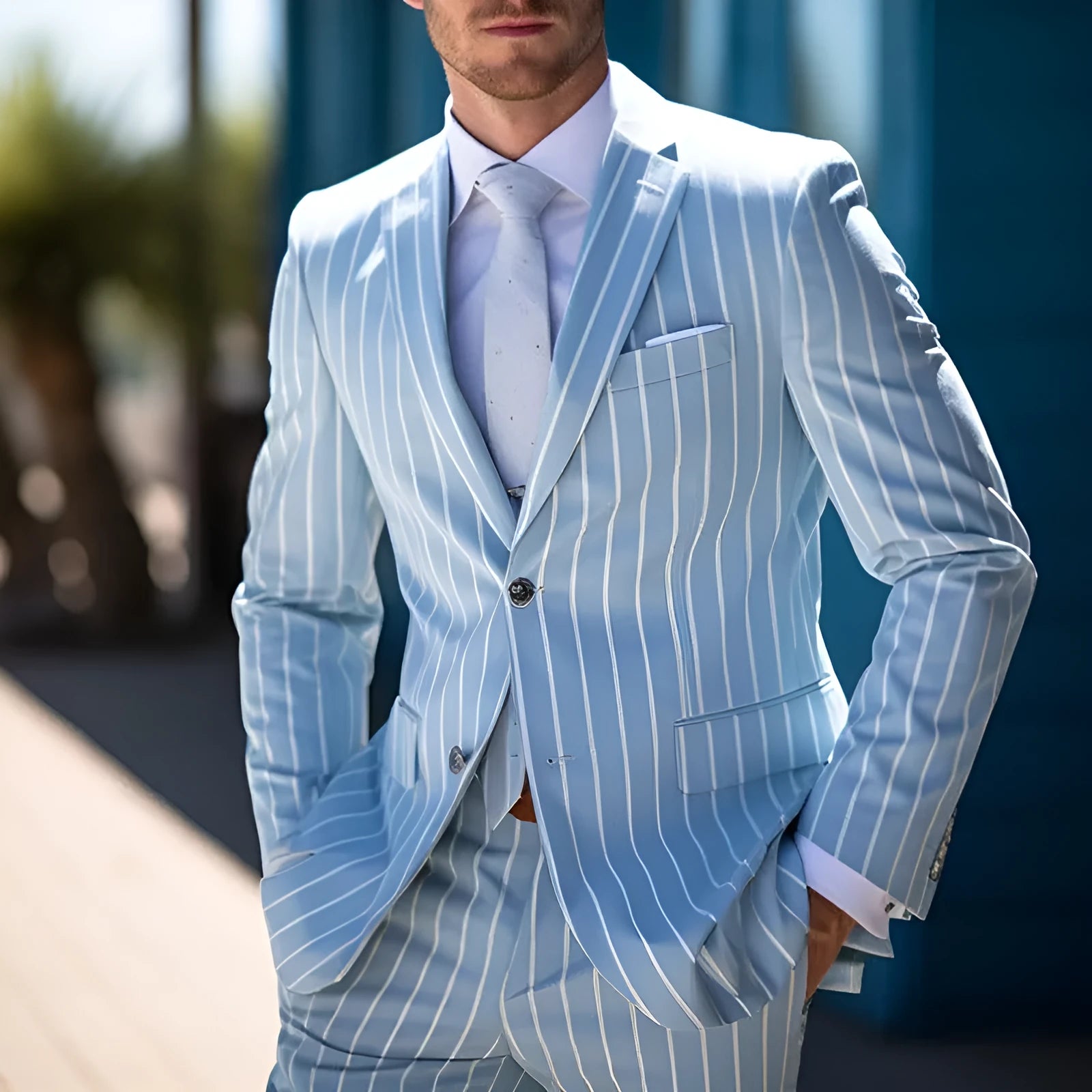 Blue and white button double-button men's suit jacket with straight hem and British-style tailoring