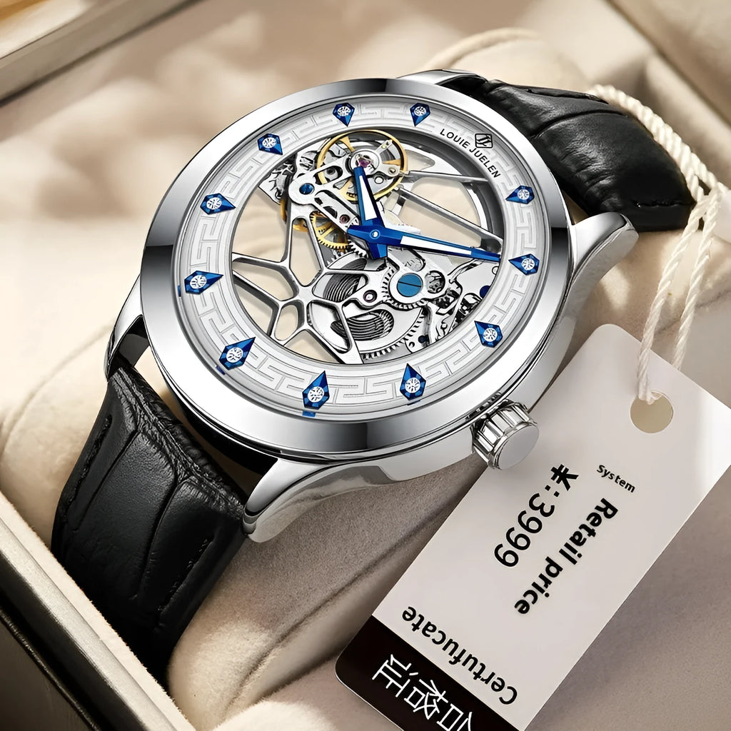 Men's silver mechanical watch with white dial, blue hands, black leather strap and butterfly buckle