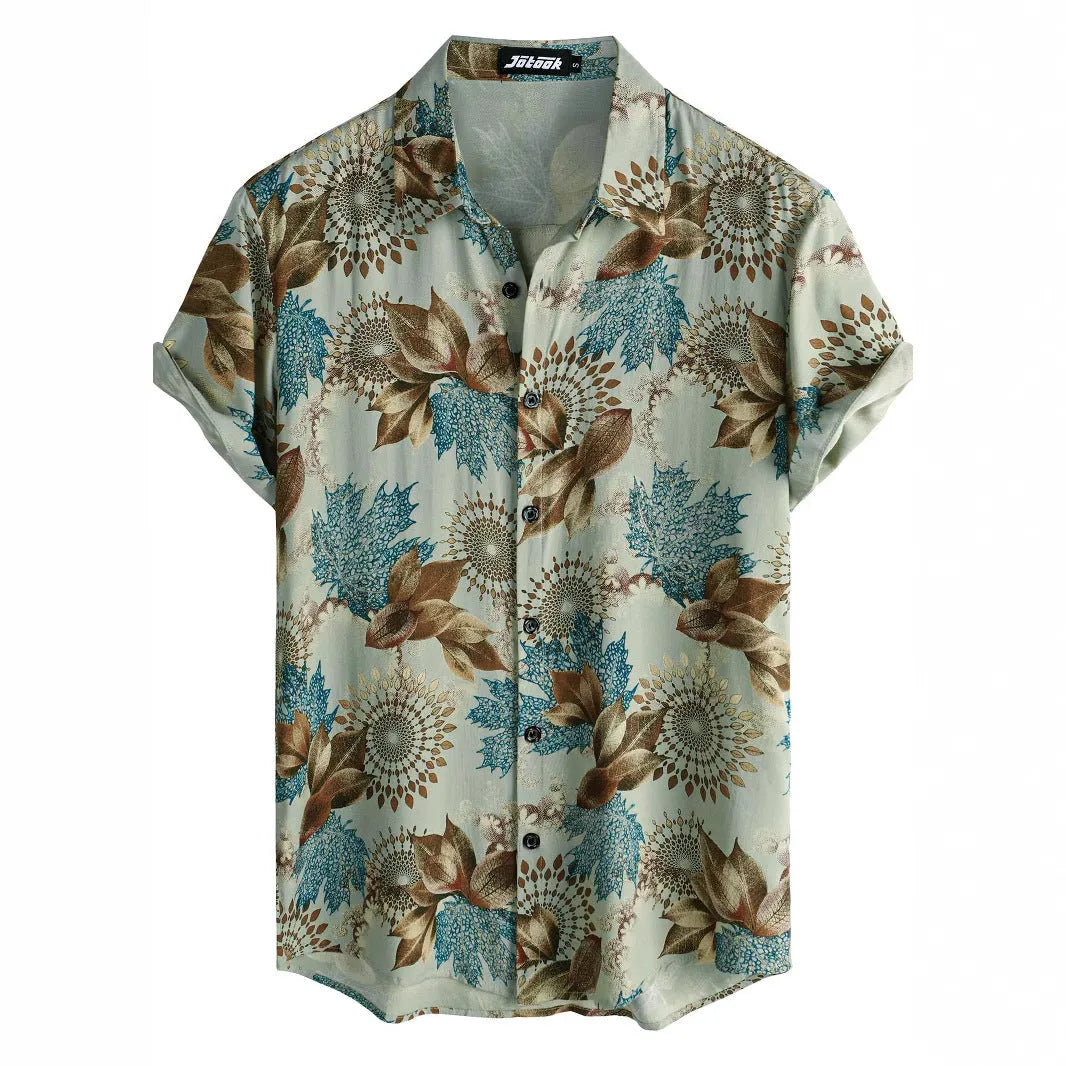 Short sleeve cardigan shirt with a Hawaiian floral pattern printed on the lapel, made from elastic polyester fabric.