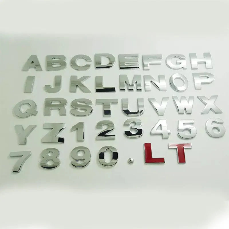 3D zinc alloy car letter sticker showing raised metal construction on vehicle surface