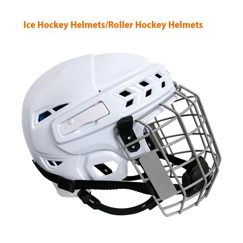 Ice hockey helmet with carbon steel face mask for head protection in sizes S M L XL.