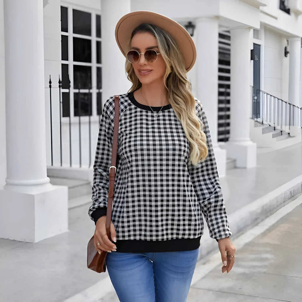 Black Japanese plaid pattern pullover sweater with printed design and long sleeves