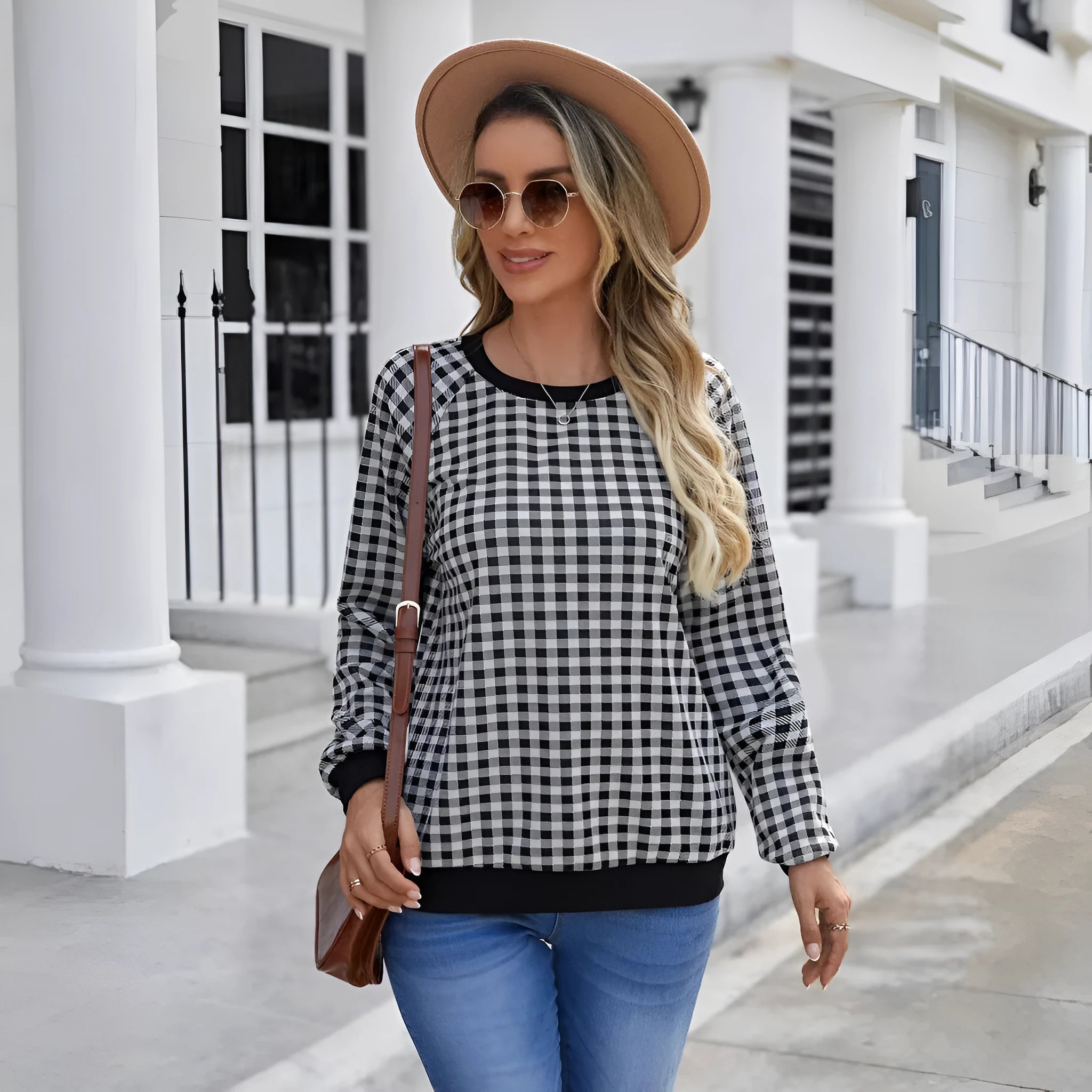 Black Japanese plaid pattern pullover sweater with printed design and long sleeves