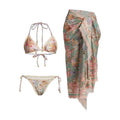 Women's creamy white floral bikini set with matching skirt for beach and swimming