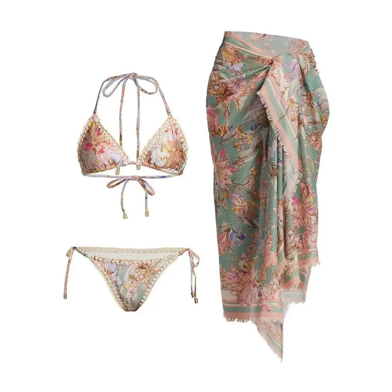 Women's creamy white floral bikini set with matching skirt for beach and swimming