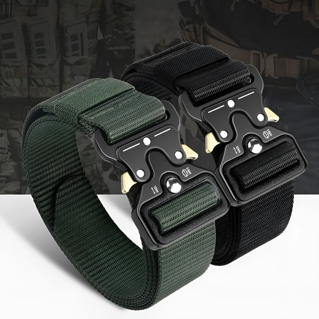 Men's thick canvas tactical belt with an alloy buckle shown in multiple colour options: black, khaki, green, blue, and brown.