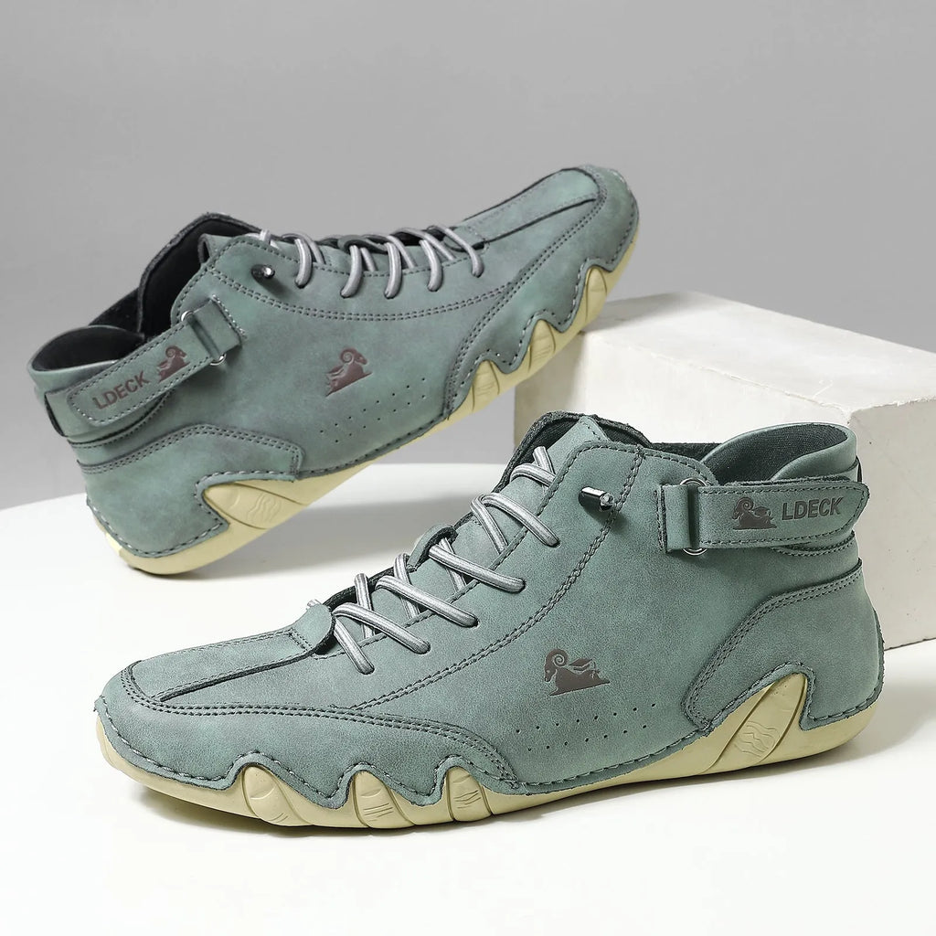 Men's high top octopus shoes in microfiber with rubber sole, available in khaki, grey, black, and green colours