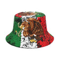 Retro-style bucket hat with an eagle pattern in polyester, showing dome crown.