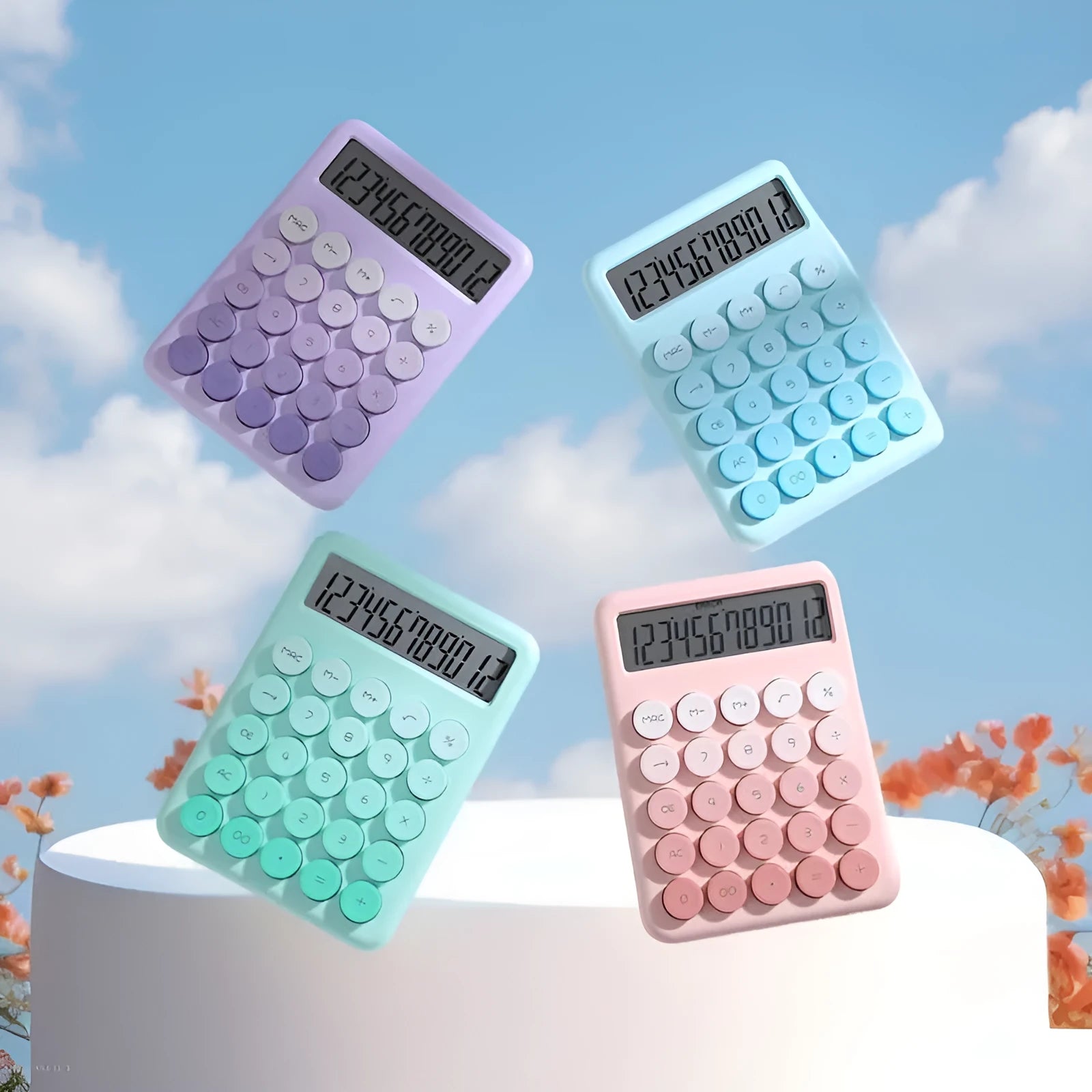 Gradient colour desktop calculator showing four colour options: cherry blossom pink, glacier blue, mint green and violet