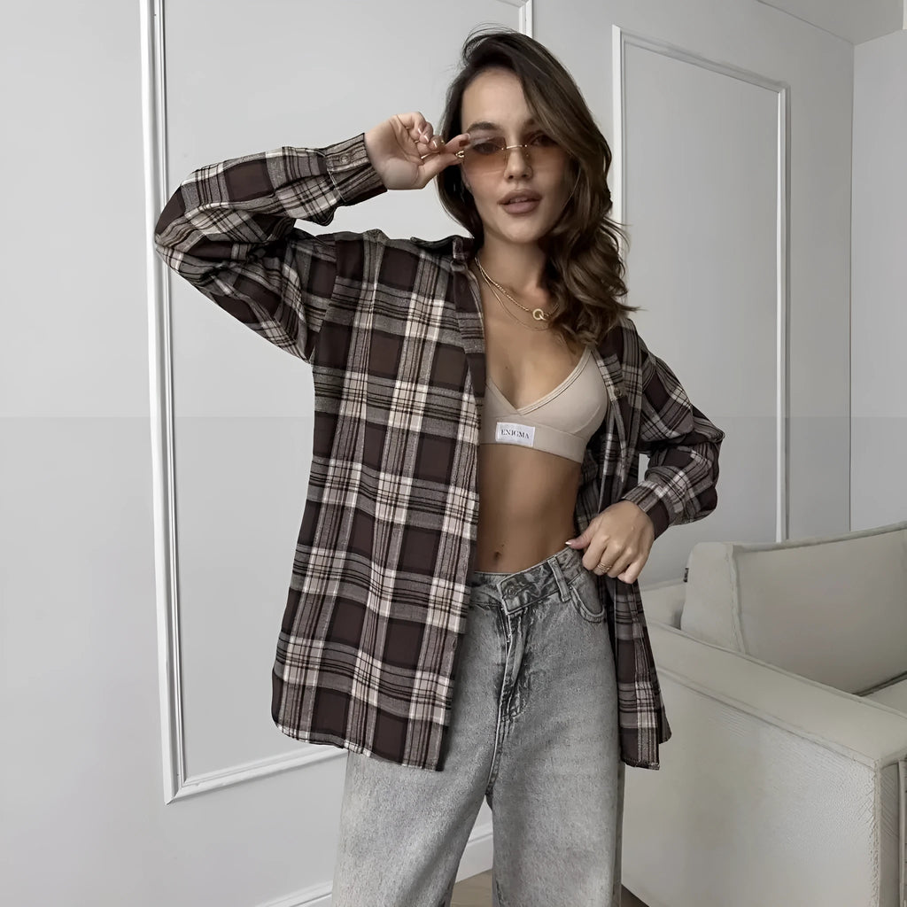 Women's dark brown retro striped long sleeve shirt with cotton fabric