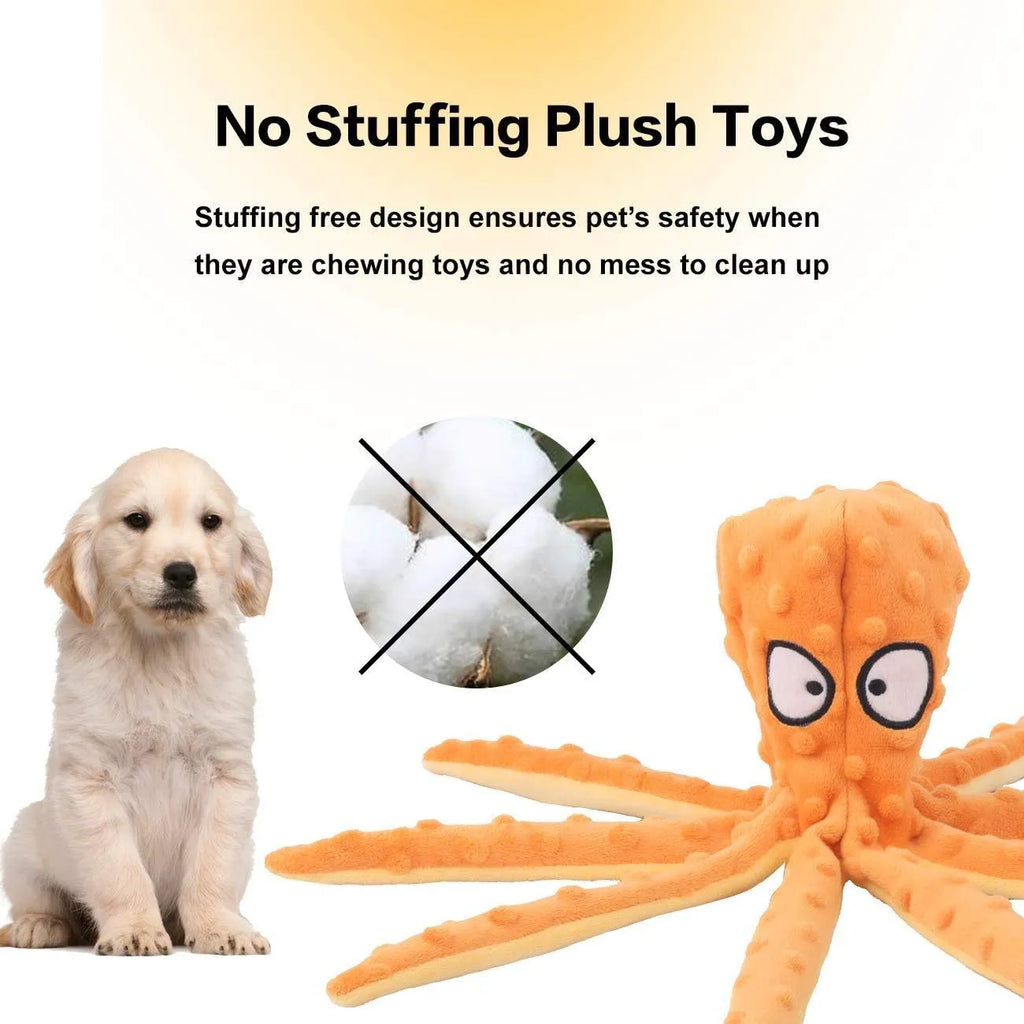 Blue octopus-shaped dog toy with crinkle sound features measuring 32cm long