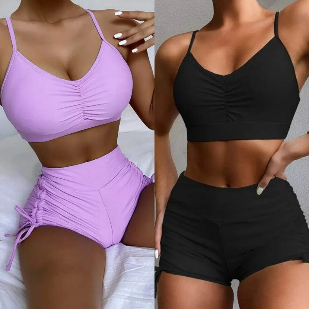 Women's high waist split bikini swimsuit in black or violet colour