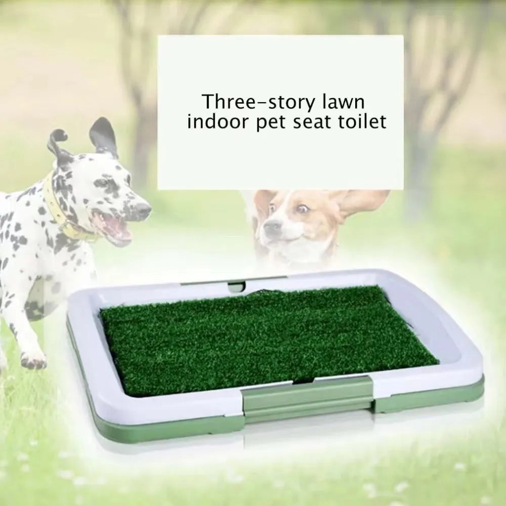 Green turf pet dog grass patch toilet with three layers and removable base tray for indoor potty training