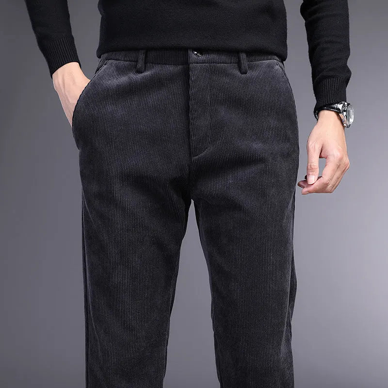 British retro striped straight pants in polyester blend fabric with zip placket fly opening