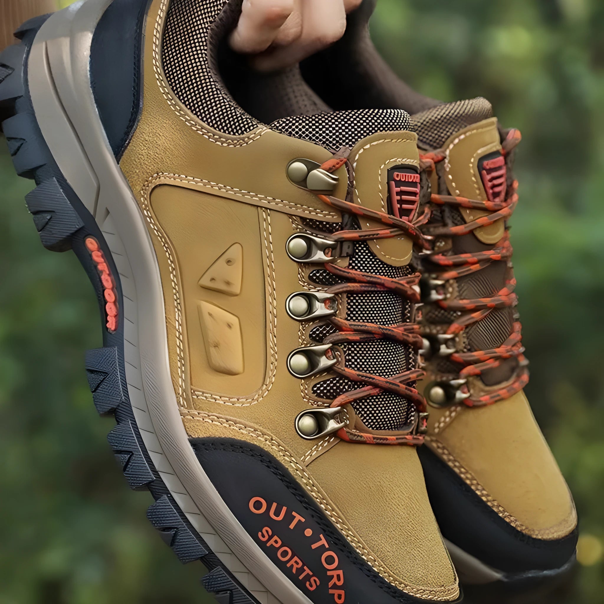 Men's outdoor hiking shoes with non-slip rubber sole, synthetic leather upper, lace-up closure, in Black and Red colour