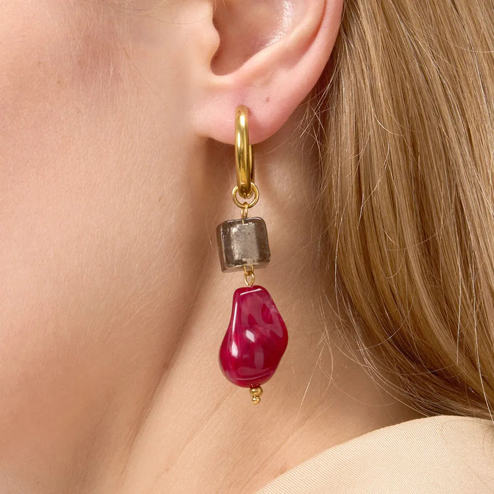 Resin earrings with electroplated antique geometric quadrilateral design for women, light luxury style