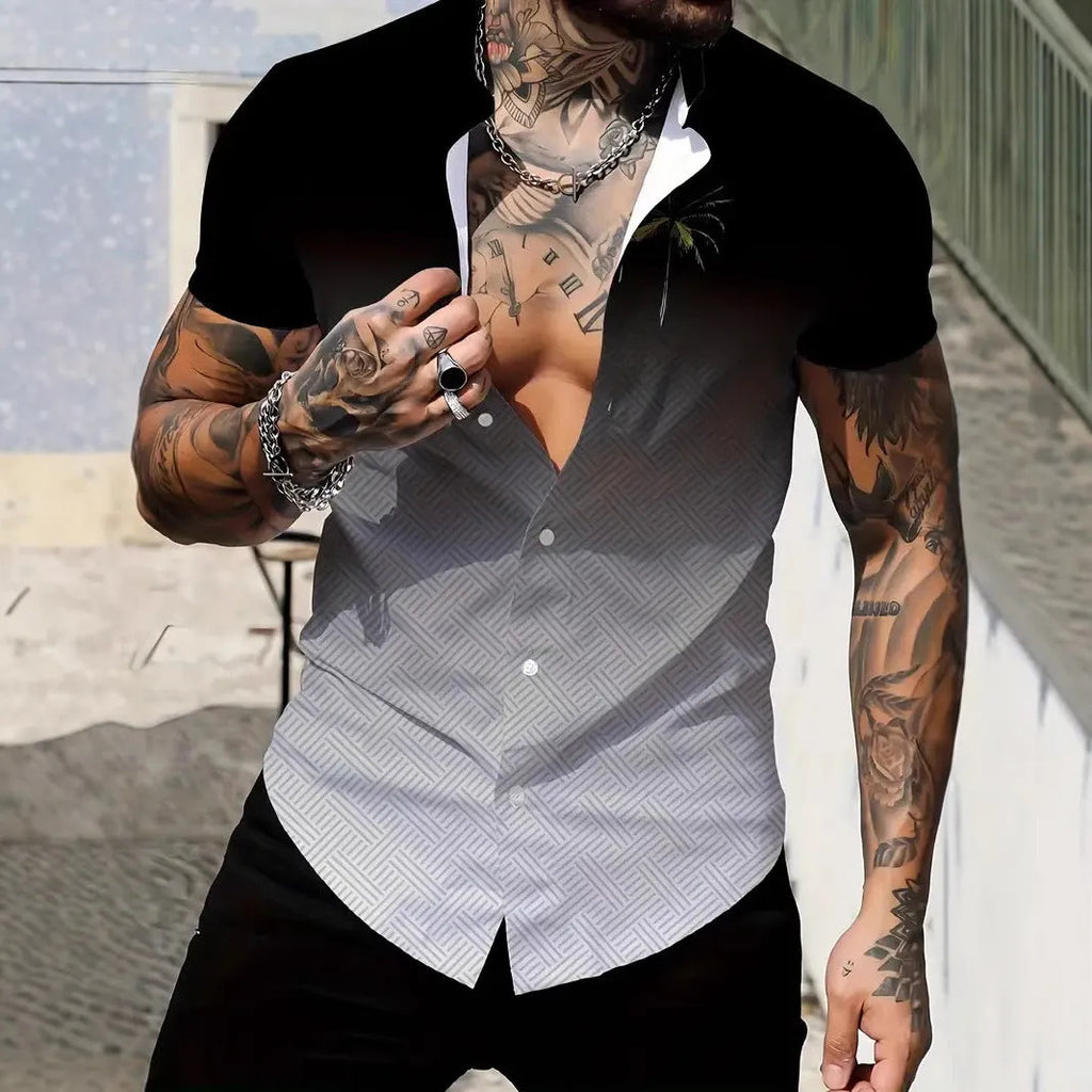Men's geometric line print lapel collar short sleeve shirt in slim fit for summer casual wear