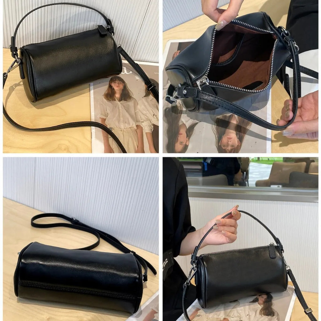 Brown cylindrical leather crossbody phone bag with visible stitching on a flat surface.