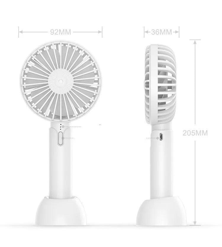 Blue handheld mini electric fan with USB cable, 3-speed buttons, and oscillating head