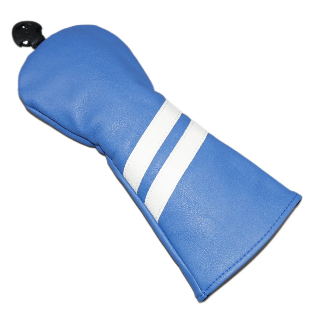 Golf club head cover with diagonal stripes in blue, showing stretchable pu construction