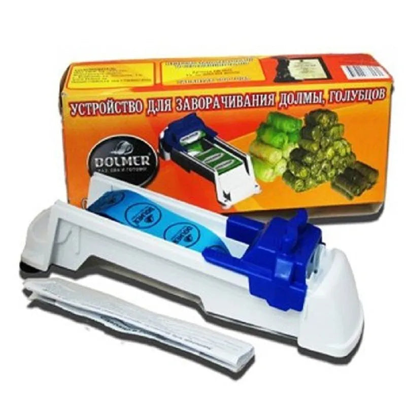 Blue plastic vegetable meat roller from Home Sushi Machine, 36cm by 10cm by 8cm, on a kitchen counter with English packaging