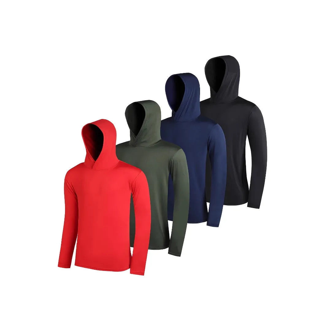 Men's lightweight polyester hoodie bundle in multiple colours, showing front view of hoodie with and without hood.