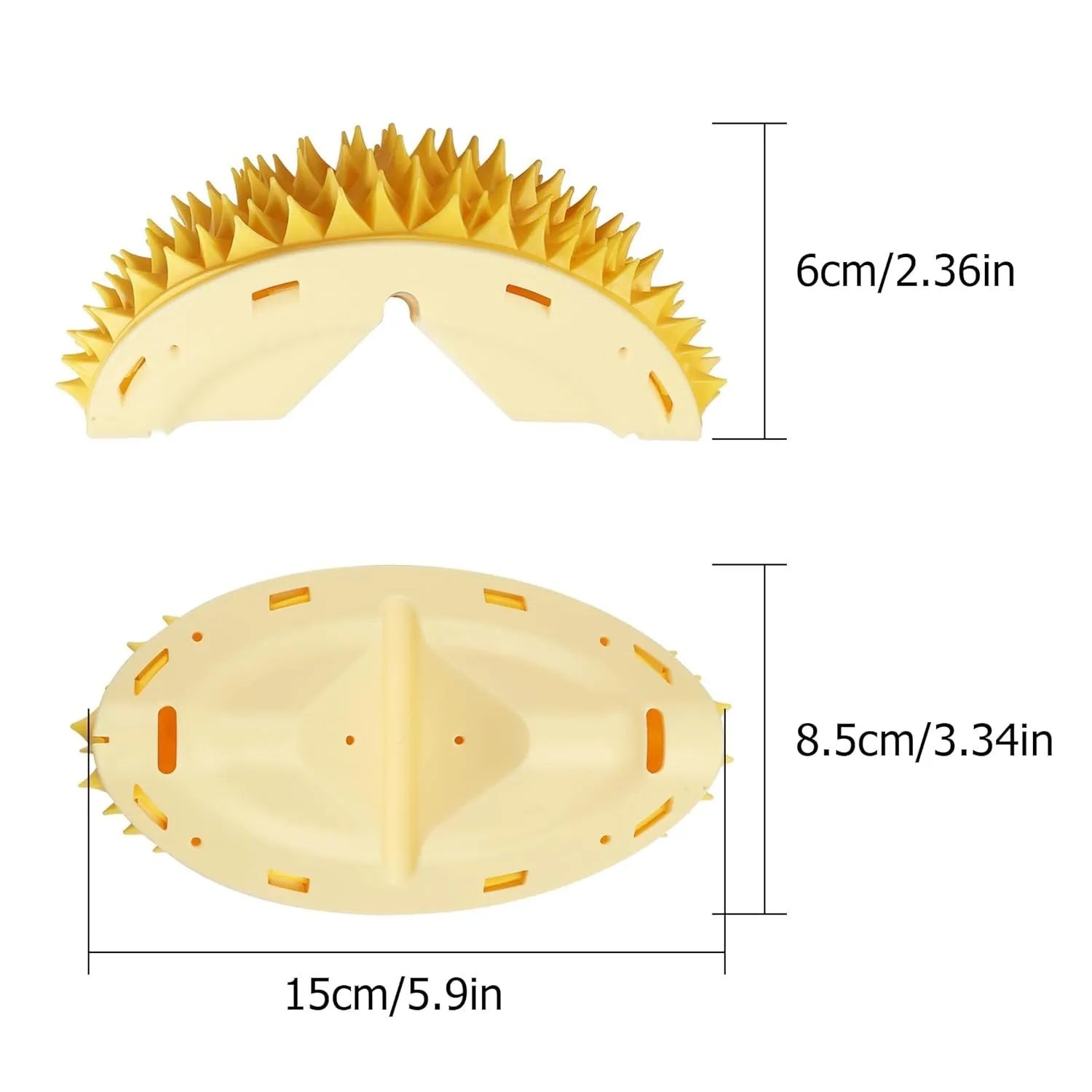Yellow durian-shaped cat corner scratcher and massage comb mounted on a wall