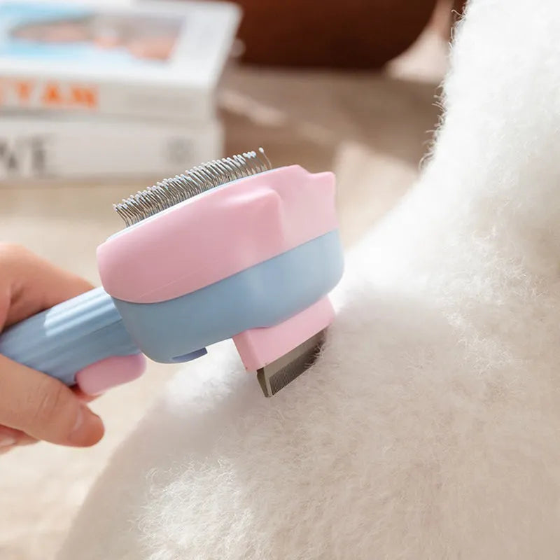 Blue double-sided pet grooming brush with deshedding rake and dematting comb