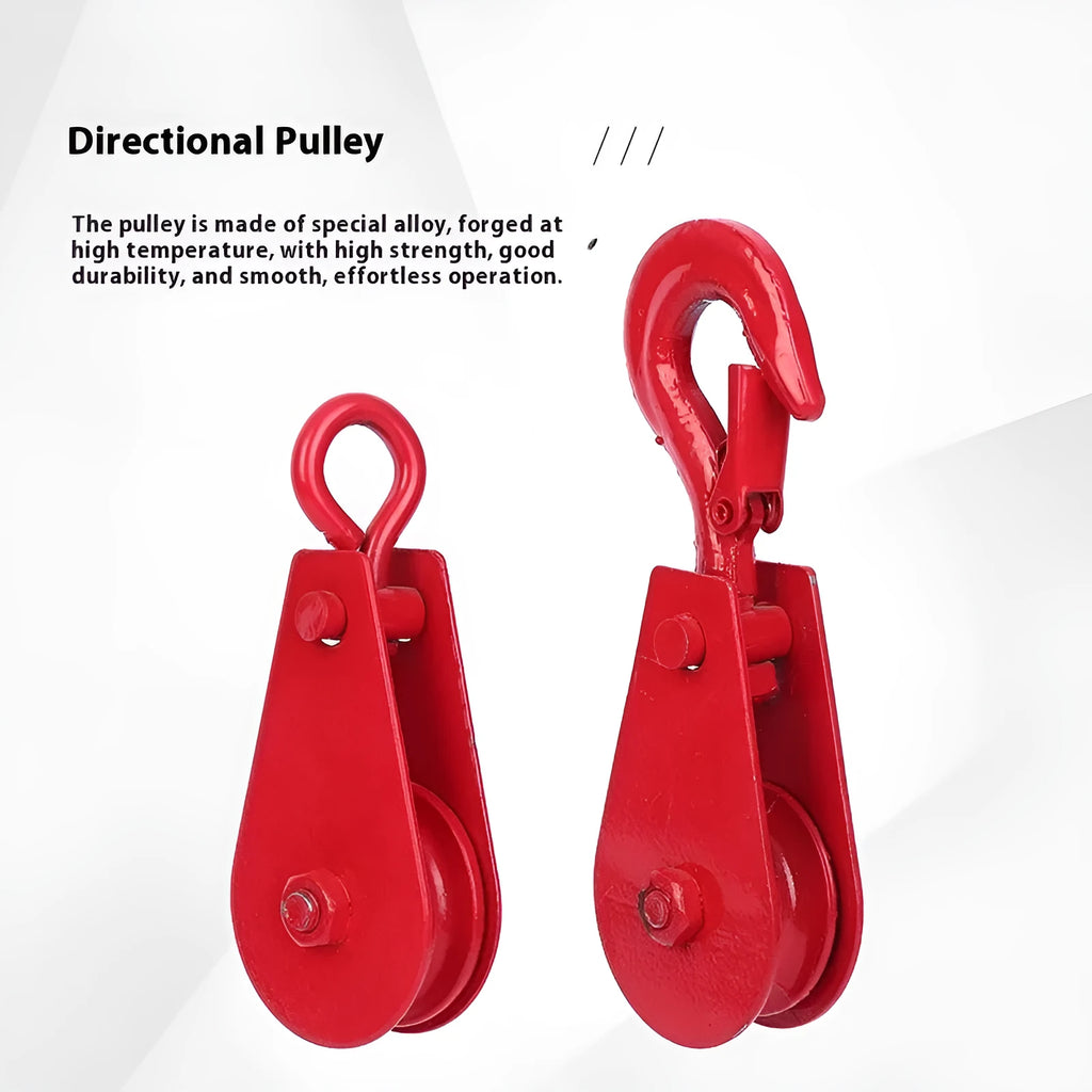 Red steel industrial lifting pulley with a safety latch and large hook opening.