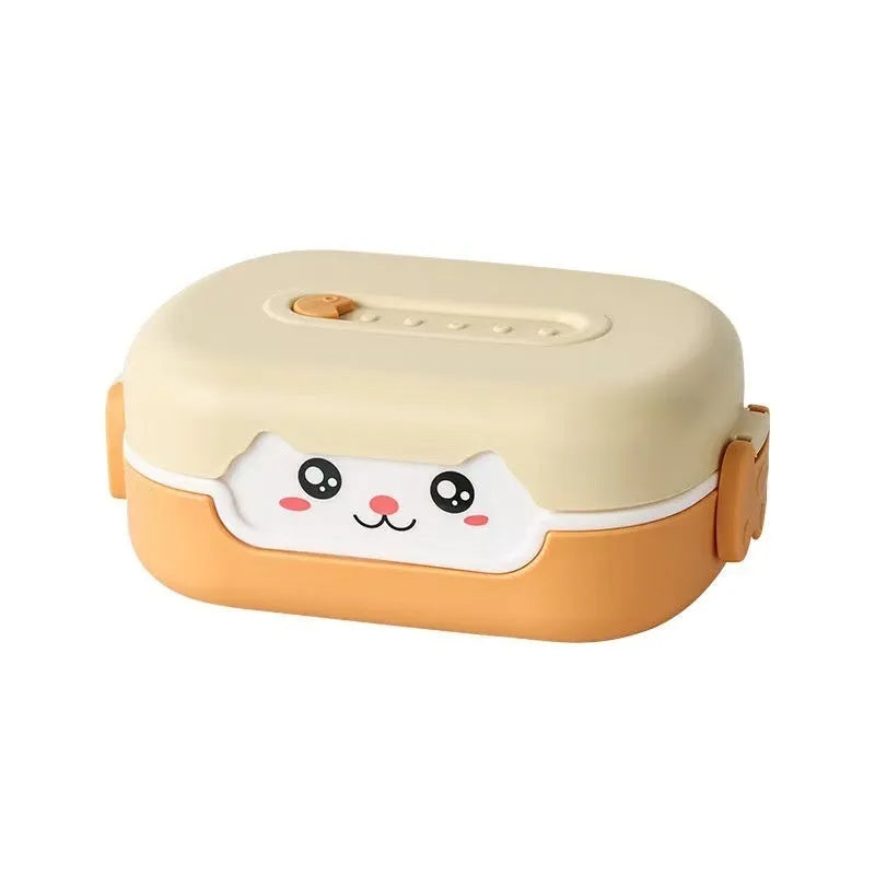 Square plastic lunch box with divided compartments in dark blue, orange, and pink-green colour options
