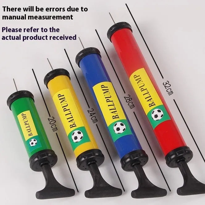 Plastic manual hand pump with four nozzles for sports balls and balloons.