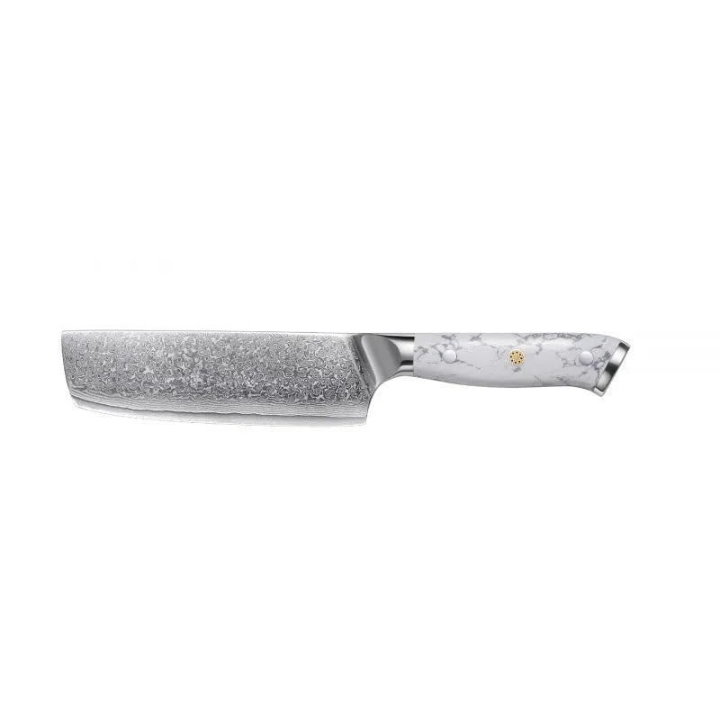 Damascus pattern chef's knife with 21cm blade and 11cm handle showing modern simple design