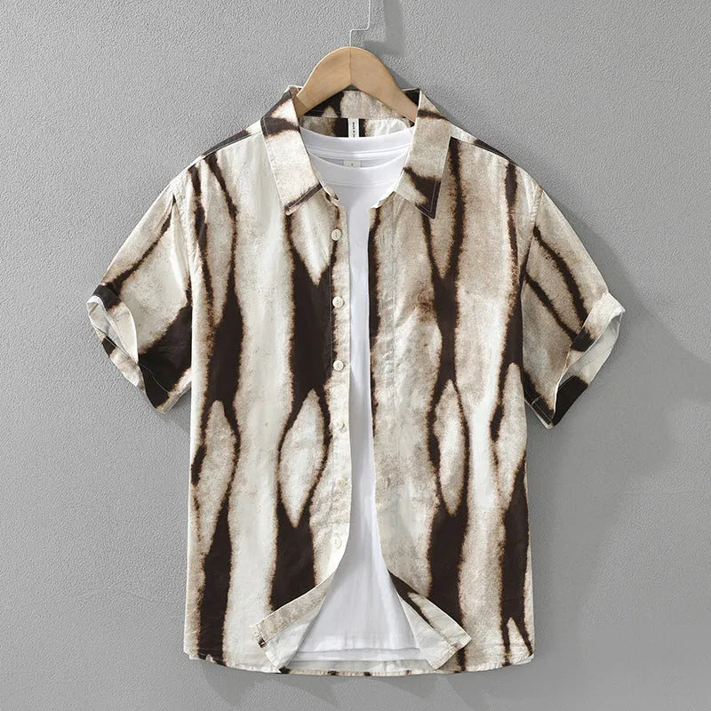 Retro striped pure cotton short sleeve shirt in loose cardigan style, shown in black and brown.