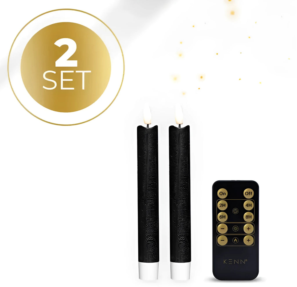 Four black LED taper candles with realistic 3D flame effect, showing flickering yellow light