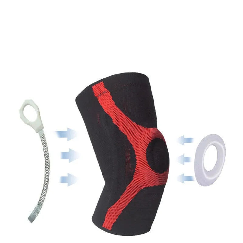 Knitted non-slip sports knee pads in grey and red, shown in sizes S M L XL for running and climbing.