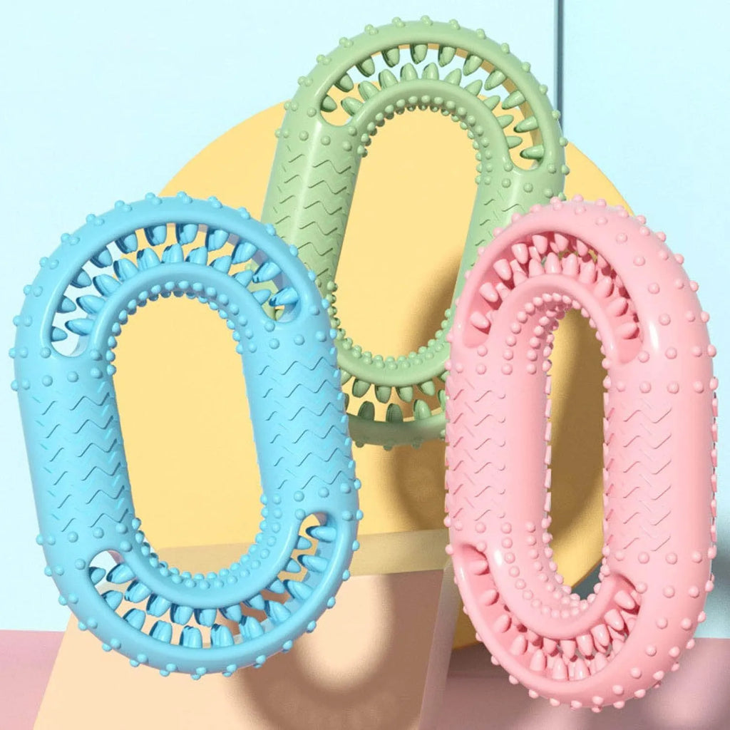 Blue o-ring shaped dog chewing toy for aggressive chewers and dental plaque reduction