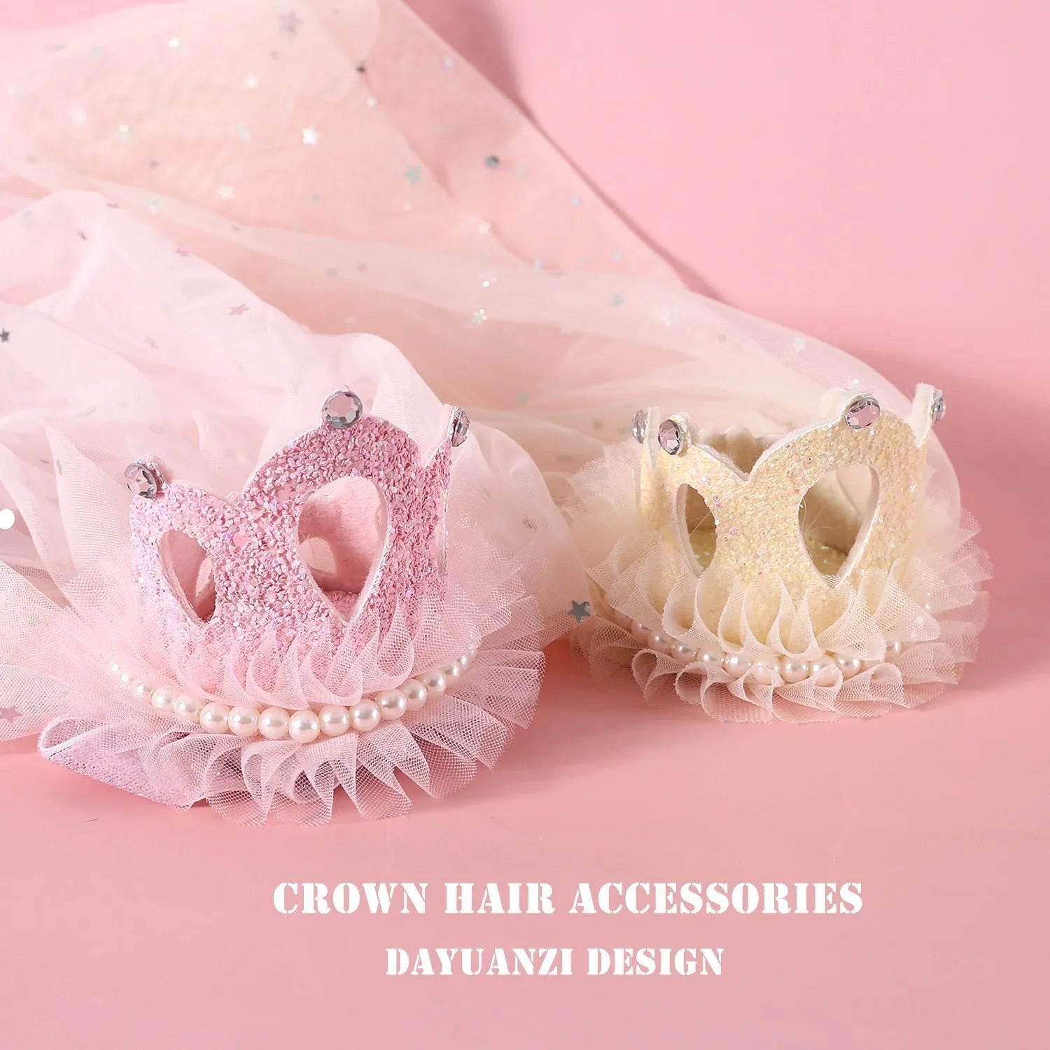 Pet cat wearing princess crown headdress with veil in beige or pink colour option