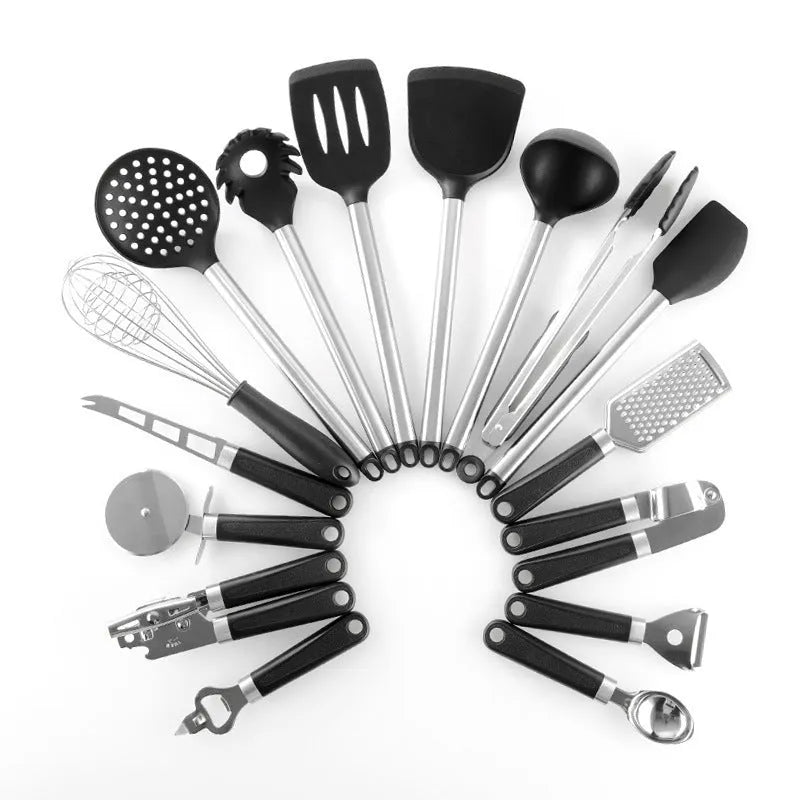 Black silicone kitchen utensil set with stainless steel handles, 16 pieces