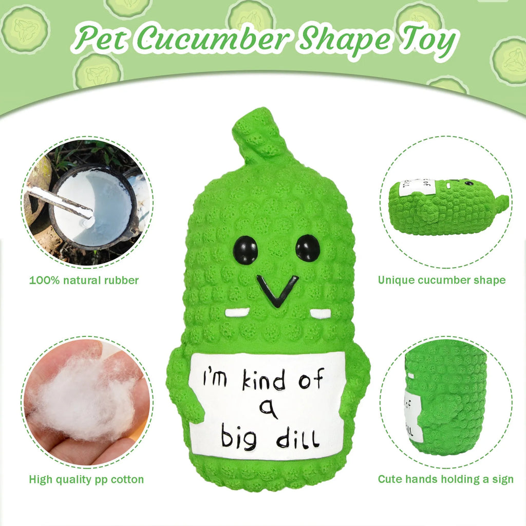 Green pickle-shaped squeaky dog toy with textured surface for teeth cleaning