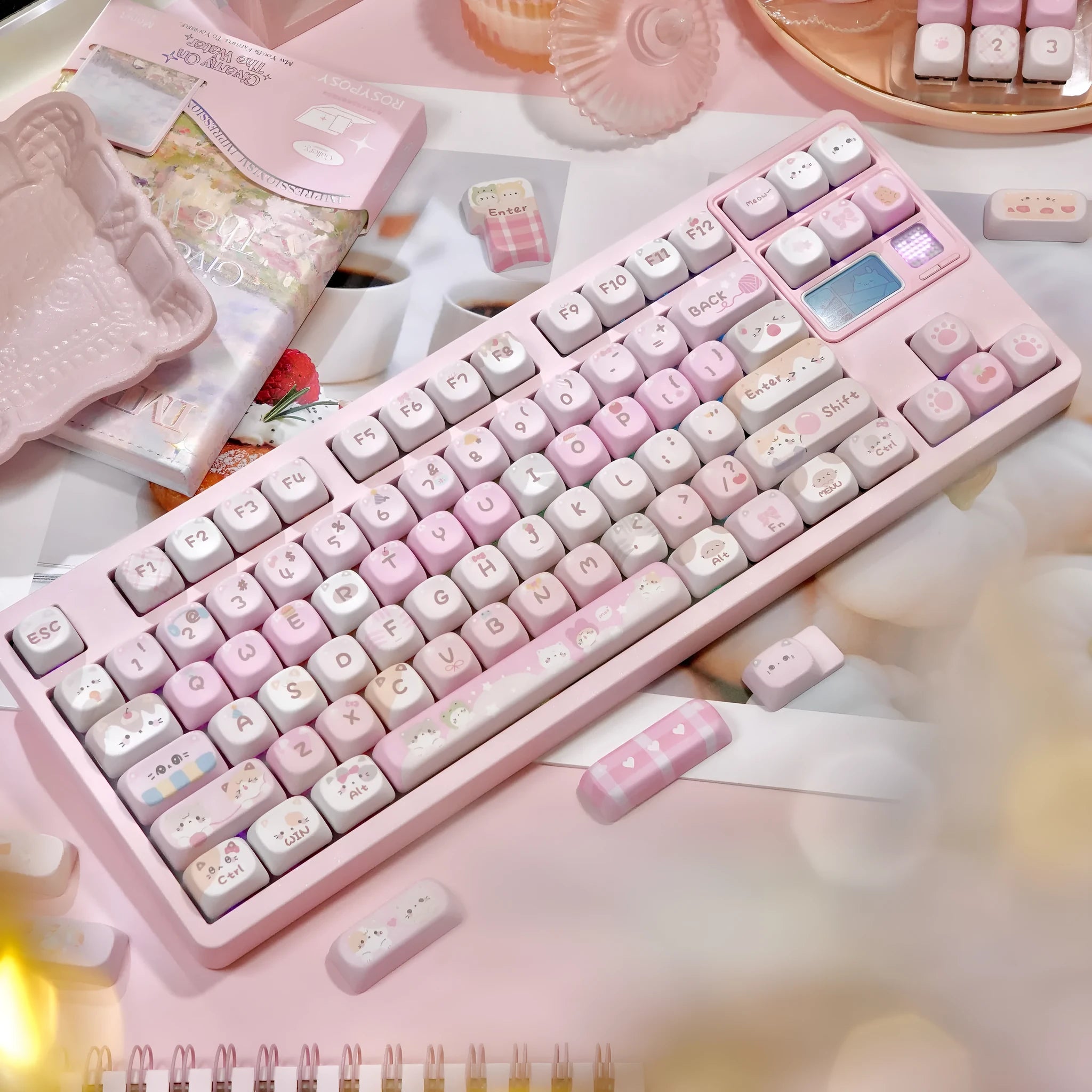 MOA height pink sublimation keyboard keycap set with cartoon design, shown on a keyboard.