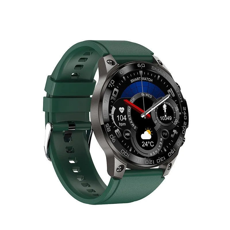 Bluetooth sports watch with round AMOLED screen and silicone strap showing heart rate monitoring display