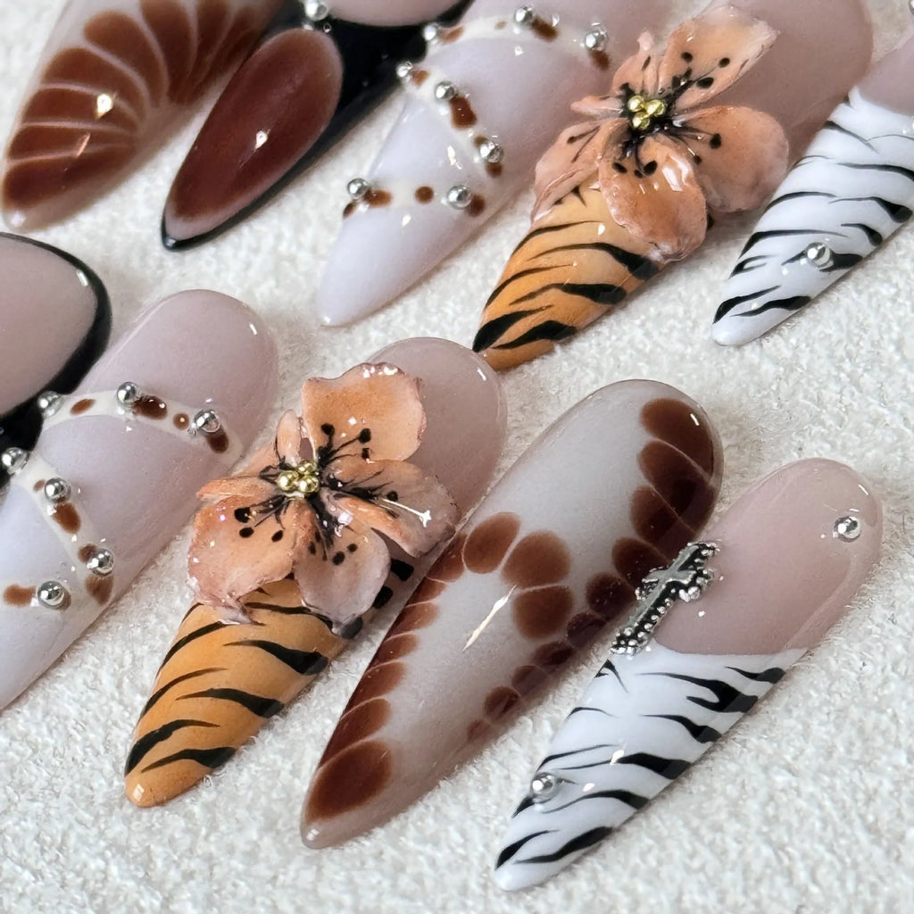 Handmade French style leopard print artificial nail sticker set with cross and flower designs