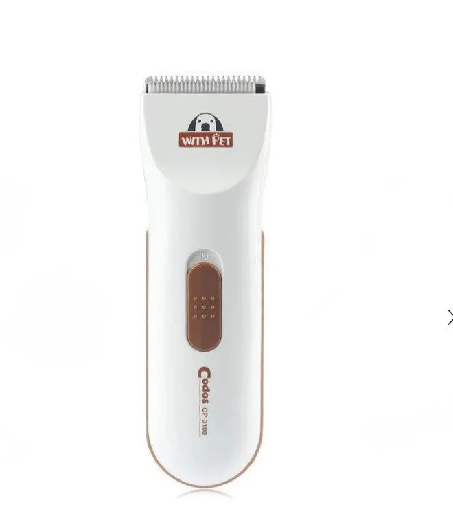 White cordless electric pet hair clipper with ceramic blade for dog and cat grooming.