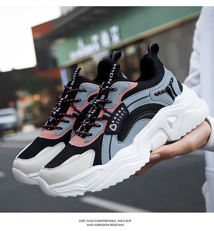 Women's white thick-soled casual sports shoes with mesh upper and round toe