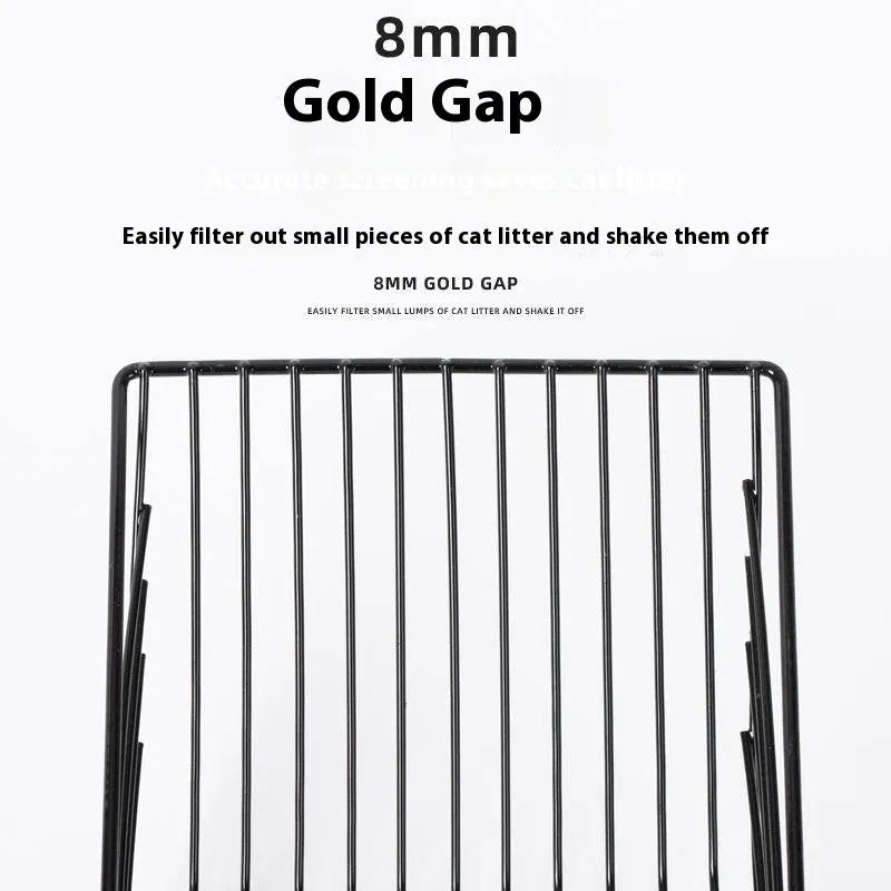 Black alloy metal cat litter scoop showing 0.8cm gap spacing for waste separation