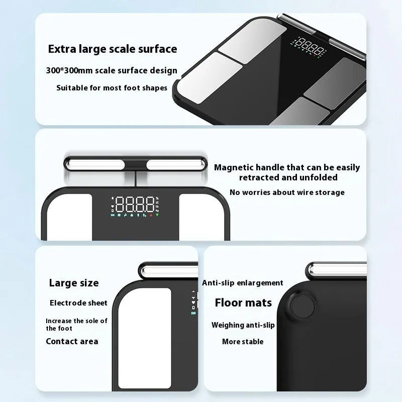 Black electronic household scale with colour display on tempered glass platform for weight and body fat measurement