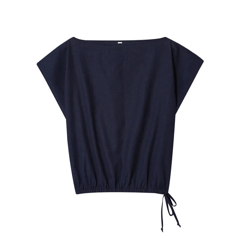 Women's linen-blend shirt with flounced sleeves and matching wide leg trousers in a two-piece commute wear set